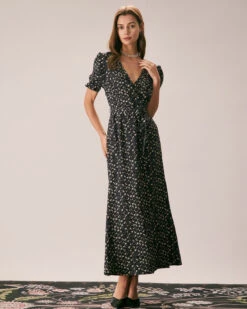 The Black V Neck Floral Puff Sleeve Maxi Dress