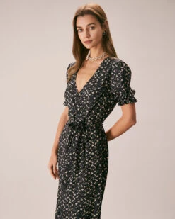 The Black V Neck Floral Puff Sleeve Maxi Dress -Outlet Dress Mix Up Store the black v neck puff sleeve maxi dress dresses udyerp