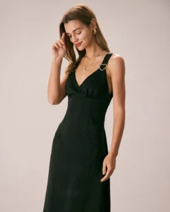 The Black V Neck Ruched Satin Midi Dress -Outlet Dress Mix Up Store the black v neck satin midi dress dresses ijdtqa