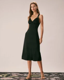 The Black V Neck Ruched Satin Midi Dress -Outlet Dress Mix Up Store the black v neck satin midi dress dresses jdbmd7