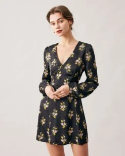 The Black V Neck Satin Long Sleeve Mini Dress -Outlet Dress Mix Up Store the black v neck satin mini dress black dresses n9t4wb