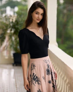 The Black V Neck Scalloped Knit Tee -Outlet Dress Mix Up Store the black v neck scalloped solid tee tops wixlrk