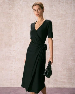 The Black V Neck Tie Waist Wrap Midi Dress 11 The Black V Neck Tie Waist Wrap Midi Dress -Outlet Dress Mix Up Store the black v neck solid wrap midi dress black dresses 4jkixp