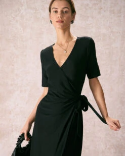 The Black V Neck Tie Waist Wrap Midi Dress 9 The Black V Neck Tie Waist Wrap Midi Dress -Outlet Dress Mix Up Store the black v neck solid wrap midi dress dresses g0ychu