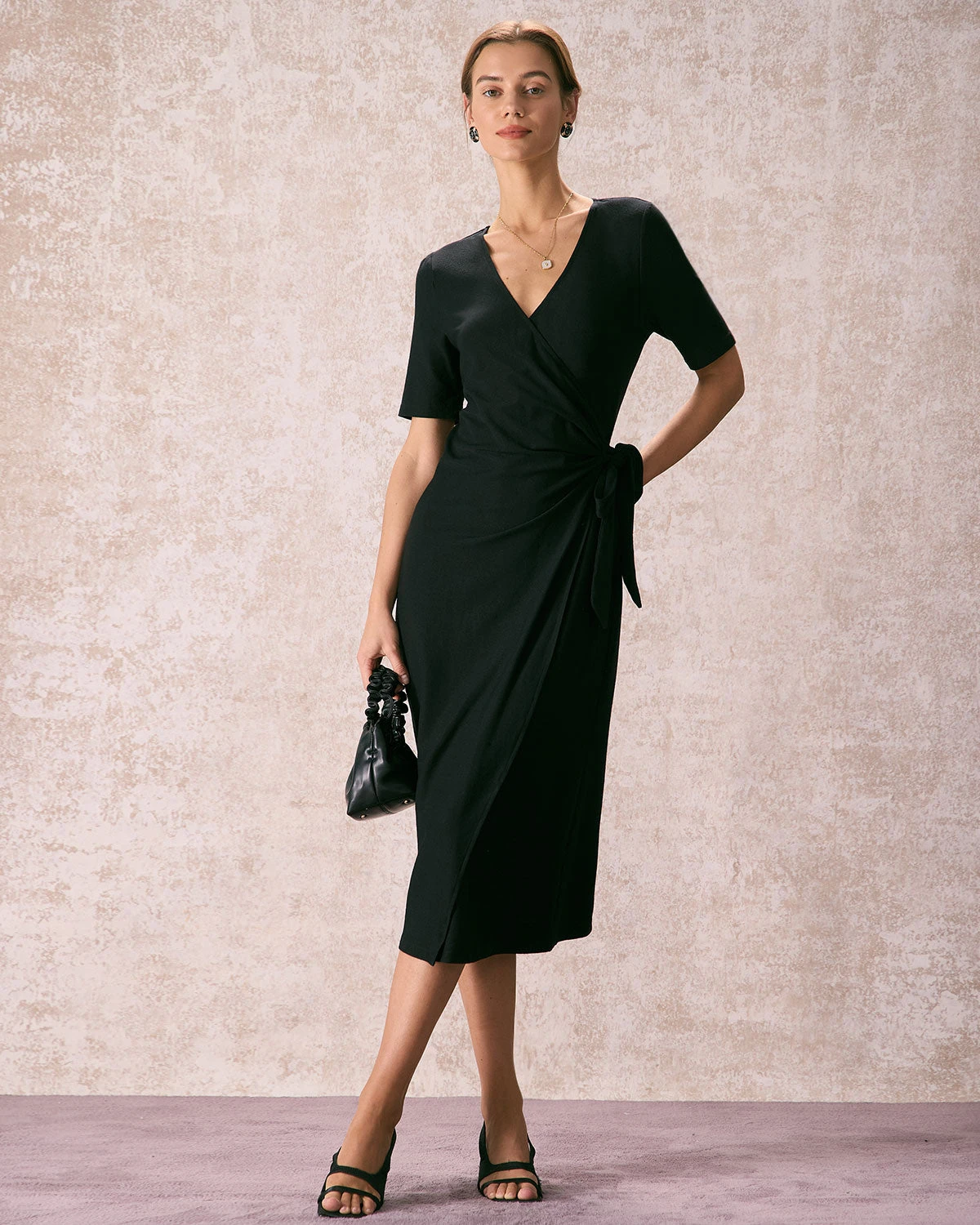 The Black V Neck Tie Waist Wrap Midi Dress 1 The Black V Neck Tie Waist Wrap Midi Dress