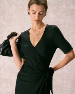 The Black V Neck Tie Waist Wrap Midi Dress 8 The Black V Neck Tie Waist Wrap Midi Dress -Outlet Dress Mix Up Store the black v neck solid wrap midi dress dresses mqtqyt