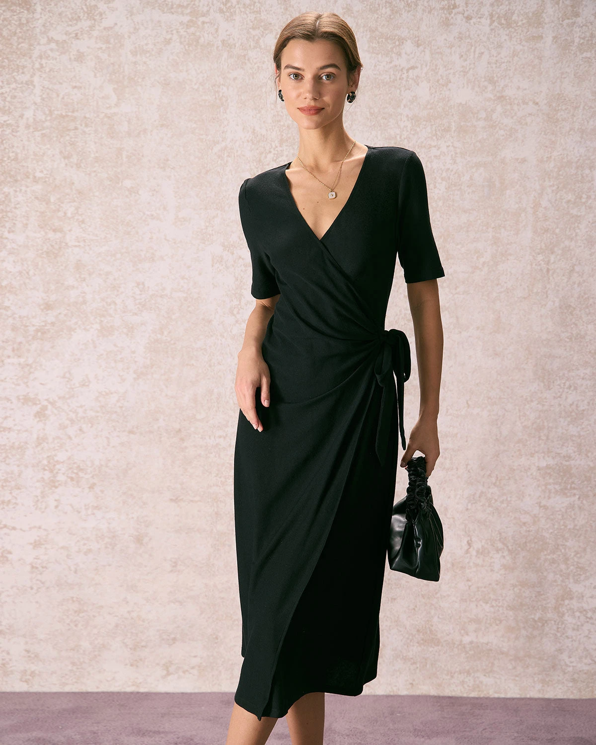 The Black V Neck Tie Waist Wrap Midi Dress 2 The Black V Neck Tie Waist Wrap Midi Dress - Image 2