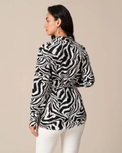 The Black Lapel Zebra Tie Waist Button Shirt -Outlet Dress Mix Up Store the black zebra tie waist shirt tops zim4a8 442600