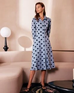 The Blue Lapel Polka Dot Button Midi Dress -Outlet Dress Mix Up Store the blue lapel polka dot midi dress dresses scsnl3 630220