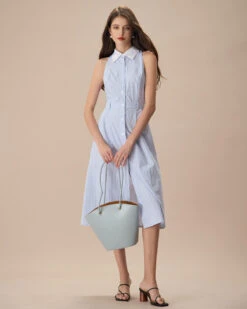 The Blue Lapel Button-Up Striped Midi Dress -Outlet Dress Mix Up Store the blue lapel striped midi dress dresses 3ehnrn