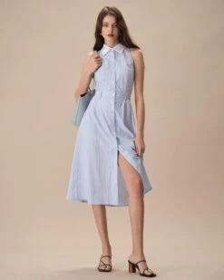 The Blue Lapel Button-Up Striped Midi Dress -Outlet Dress Mix Up Store the blue lapel striped midi dress dresses 9ipsv8