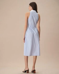 The Blue Lapel Button-Up Striped Midi Dress -Outlet Dress Mix Up Store the blue lapel striped midi dress dresses y9jswr