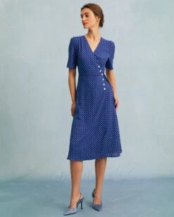 The Blue V Neck Polka Dot Wrap Midi Dress