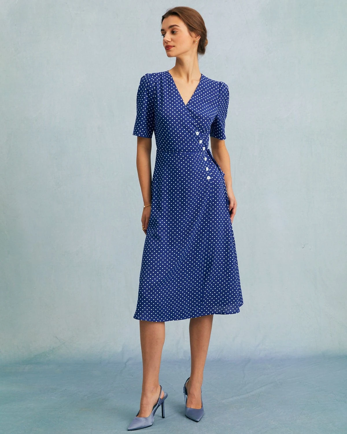 The Blue V Neck Polka Dot Wrap Midi Dress 1 The Blue V Neck Polka Dot Wrap Midi Dress