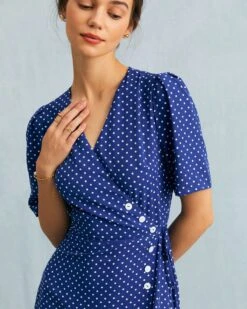 The Blue V Neck Polka Dot Wrap Midi Dress 10 The Blue V Neck Polka Dot Wrap Midi Dress -Outlet Dress Mix Up Store the blue polka dot wrap midi dress dresses gs34xq 505618
