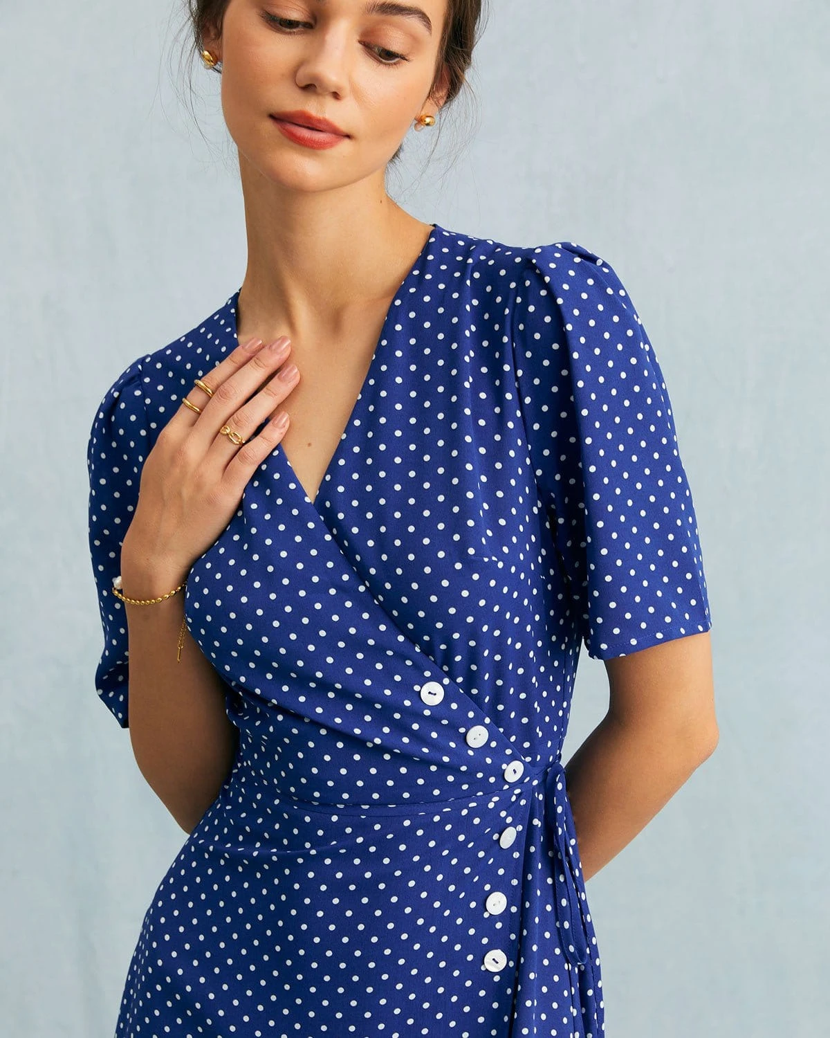 The Blue V Neck Polka Dot Wrap Midi Dress 3 The Blue V Neck Polka Dot Wrap Midi Dress - Image 3