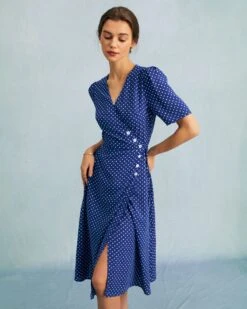 The Blue V Neck Polka Dot Wrap Midi Dress 11 The Blue V Neck Polka Dot Wrap Midi Dress -Outlet Dress Mix Up Store the blue polka dot wrap midi dress dresses z42vqt 696241