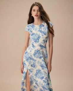 The Blue Round Neck Cap Sleeve Floral Midi Dress -Outlet Dress Mix Up Store the blue round neck cap sleeve floral midi dress dresses 0z5qxh