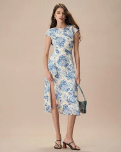The Blue Round Neck Cap Sleeve Floral Midi Dress -Outlet Dress Mix Up Store the blue round neck cap sleeve floral midi dress dresses aeutdy