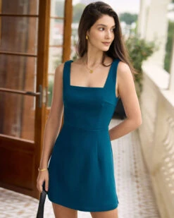 The Blue Square Neck A-Line Mini Dress -Outlet Dress Mix Up Store the blue square neck solid mini dress dresses un2awd