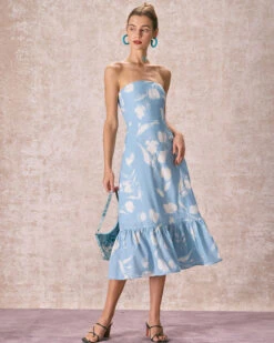 The Blue Ruffle Trim Strapless Floral Midi Dress 9 The Blue Ruffle Trim Strapless Floral Midi Dress -Outlet Dress Mix Up Store the blue strapless floral midi dress dresses eikczt