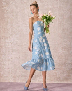 The Blue Ruffle Trim Strapless Floral Midi Dress 10 The Blue Ruffle Trim Strapless Floral Midi Dress -Outlet Dress Mix Up Store the blue strapless floral midi dress dresses vbg2k3