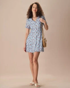 The Blue V Neck Frill Trim Floral Mini Dress -Outlet Dress Mix Up Store the blue v neck frill trim floral mini dress dresses 4gwtum