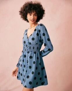The Blue V Neck Polka Dot Long Sleeve Mini Dress -Outlet Dress Mix Up Store the blue v neck polka dot dress dresses 3qhtoe 787782