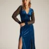 The Blue V Neck Velvet Mesh Midi Dress