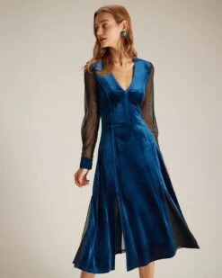 The Blue V Neck Velvet Mesh Midi Dress -Outlet Dress Mix Up Store the blue v neck velvet mesh midi dress dresses cv1y9r