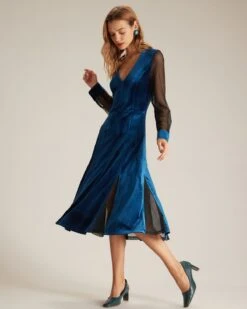 The Blue V Neck Velvet Mesh Midi Dress -Outlet Dress Mix Up Store the blue v neck velvet mesh midi dress dresses ie6mfi