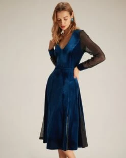 The Blue V Neck Velvet Mesh Midi Dress -Outlet Dress Mix Up Store the blue v neck velvet mesh midi dress dresses zu6des