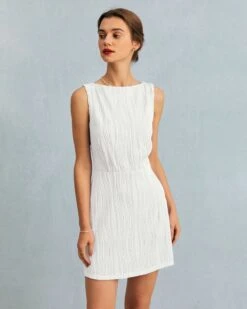 The Solid Water Ripple Textured Sleeveless Mini Dress 16 The Solid Water Ripple Textured Sleeveless Mini Dress -Outlet Dress Mix Up Store the boat neck backless textured mini dress white dresses iuokal 866354