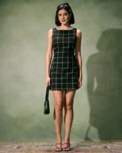 The Black Boat Neck Cotton Linen Plaid Mini Dress -Outlet Dress Mix Up Store the boat neck plaid tie dress dresses cqdy38