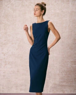 The Navy Boat Neck Ruched Midi Dress -Outlet Dress Mix Up Store the boat neck ruched midi dress dresses 2r20sv