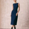 The Navy Boat Neck Ruched Midi Dress