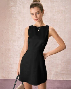 The Black Boat Neck Satin A-Line Mini Dress