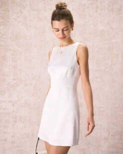 The White Boat Neck Satin A-Line Mini Dress -Outlet Dress Mix Up Store the boat neck satin mini dress dresses tejrlj