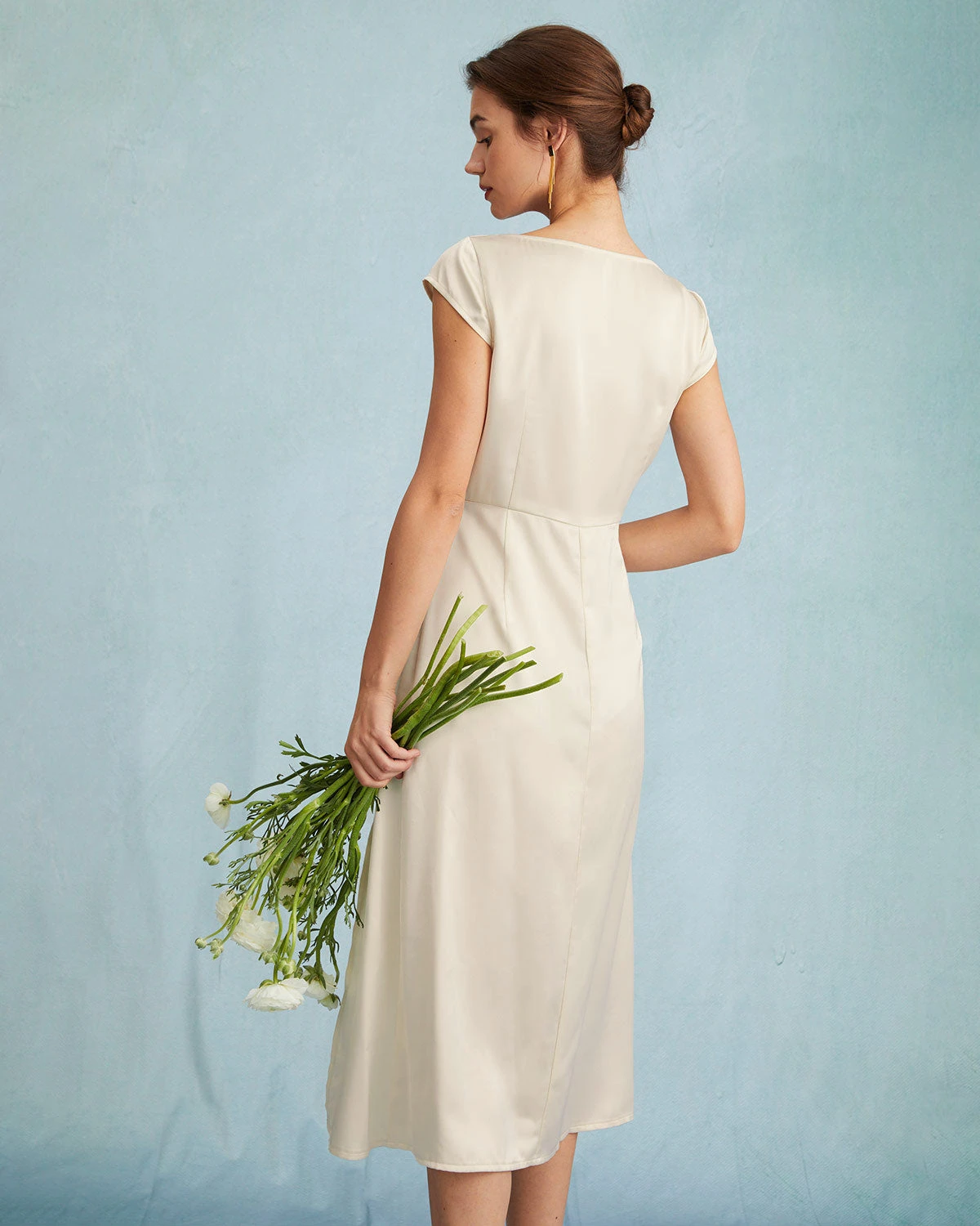 The Apricot Satin Cap Sleeve Sheath Slit Midi Dress 5 The Apricot Satin Cap Sleeve Sheath Slit Midi Dress - Image 5