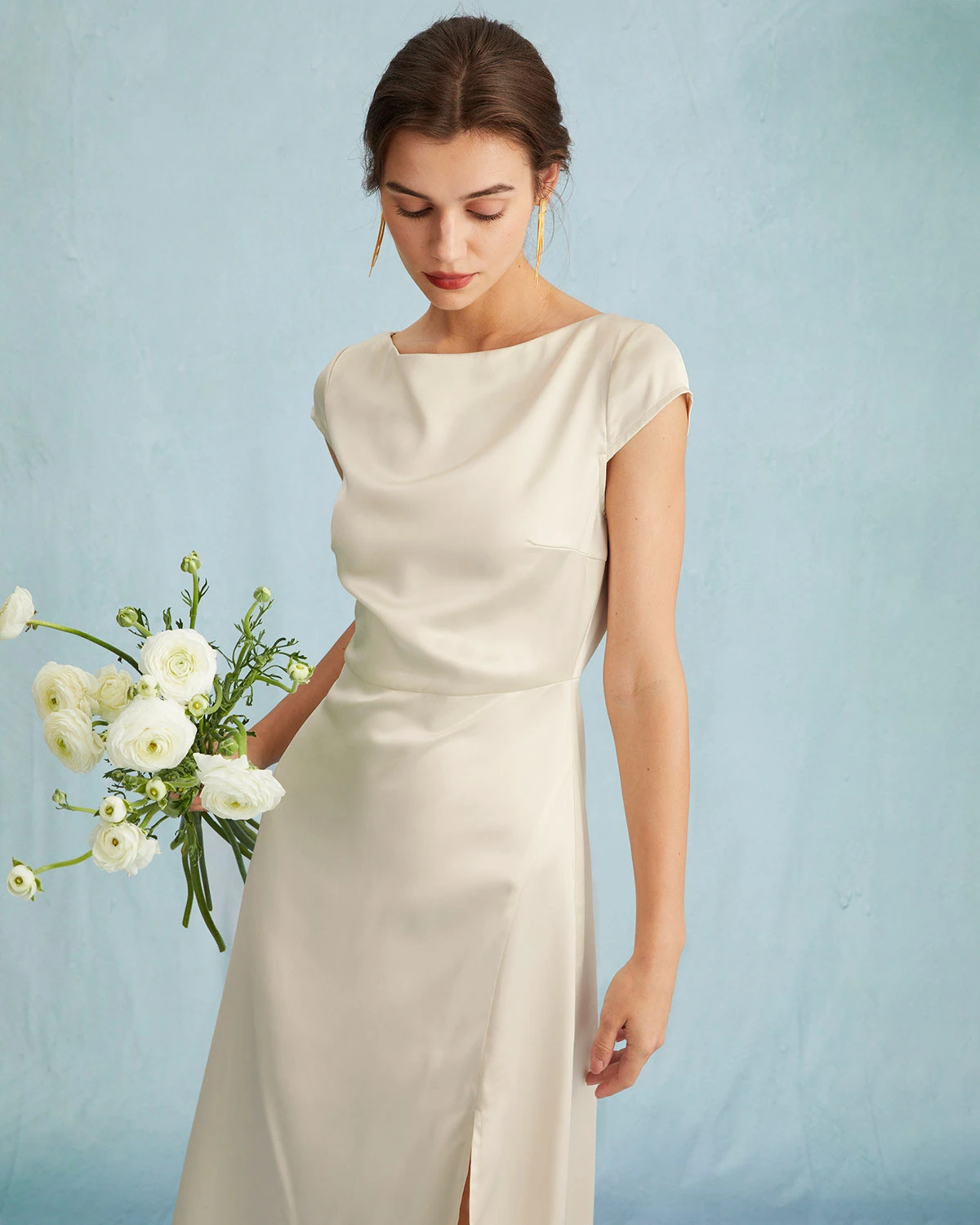 The Apricot Satin Cap Sleeve Sheath Slit Midi Dress 2 The Apricot Satin Cap Sleeve Sheath Slit Midi Dress - Image 2