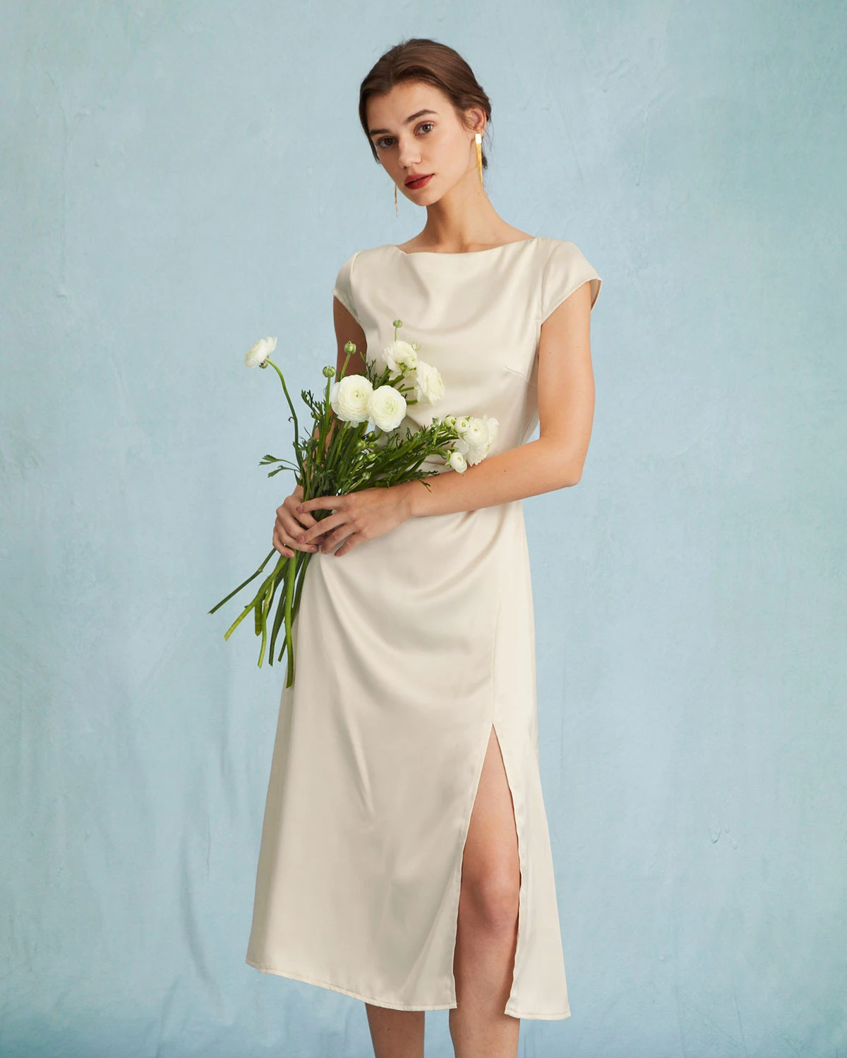 The Apricot Satin Cap Sleeve Sheath Slit Midi Dress 1 The Apricot Satin Cap Sleeve Sheath Slit Midi Dress