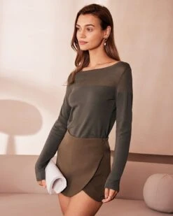 The Army Green Boat Neck Sheer Knit Top -Outlet Dress Mix Up Store the boat neck sheer knit top tops ssz973 348775