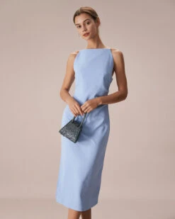 The Blue Boat Neck Bodycon Strap Midi Dress