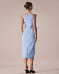 The Blue Boat Neck Bodycon Strap Midi Dress -Outlet Dress Mix Up Store the boat neck strap slim dress dresses keeubs
