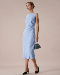 The Blue Boat Neck Bodycon Strap Midi Dress -Outlet Dress Mix Up Store the boat neck strap slim dress dresses rq68rs