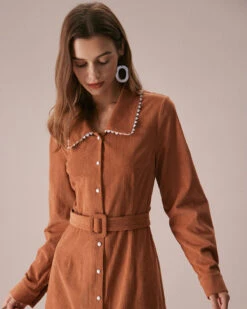 The Brown Lapel Button Corduroy Midi Dress -Outlet Dress Mix Up Store the brown collared corduroy midi dress dresses d1pjzk