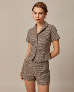 The Brown Lapel Plaid Short Sleeve Blouse