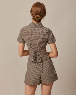 The Brown Lapel Plaid Short Sleeve Blouse -Outlet Dress Mix Up Store the brown collared plaid blouse tops eqe8nm 694341