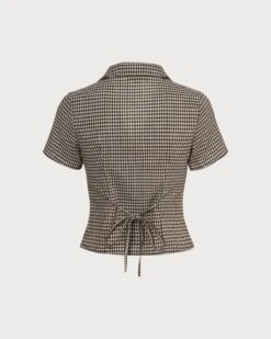The Brown Lapel Plaid Short Sleeve Blouse -Outlet Dress Mix Up Store the brown collared plaid blouse tops gbkdey 238179