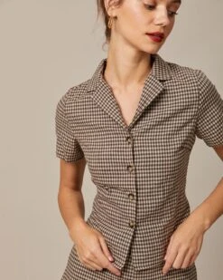 The Brown Lapel Plaid Short Sleeve Blouse -Outlet Dress Mix Up Store the brown collared plaid blouse tops wskp1j 927049